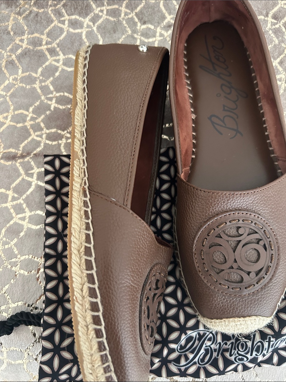 Brighton Brown Leather Espadrille Flats with Logo Medallion - Picture 3 of 4